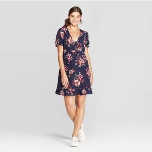 EUC Xhilaration Floral Navy Knee Length Dress with Pink and Purple Flowers - XS